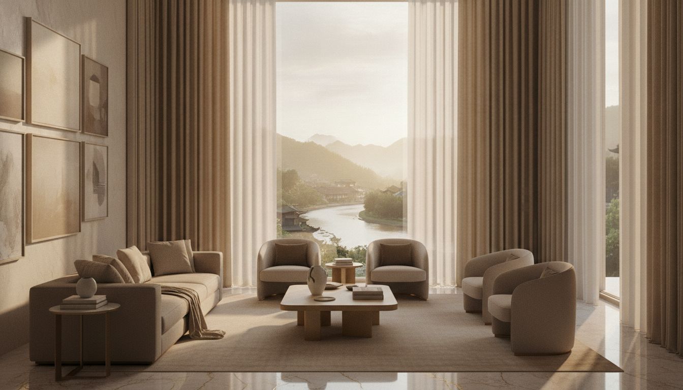 Bojue tailored curtains in a luxury river-view villa living room