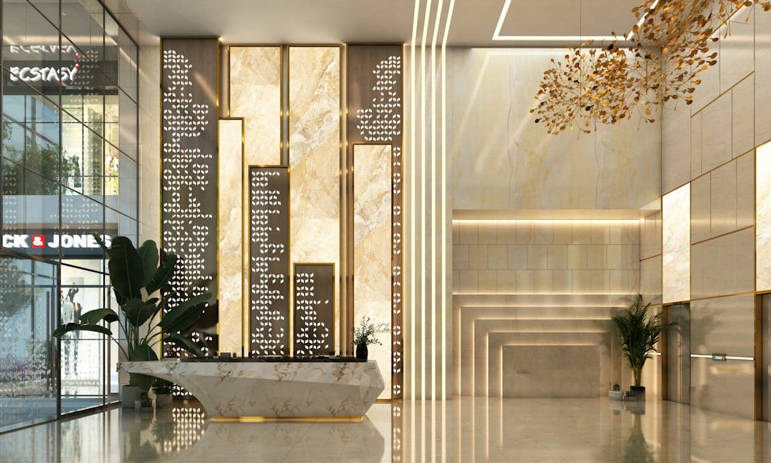 Glamour wallcovering boutique commercial space lobby
