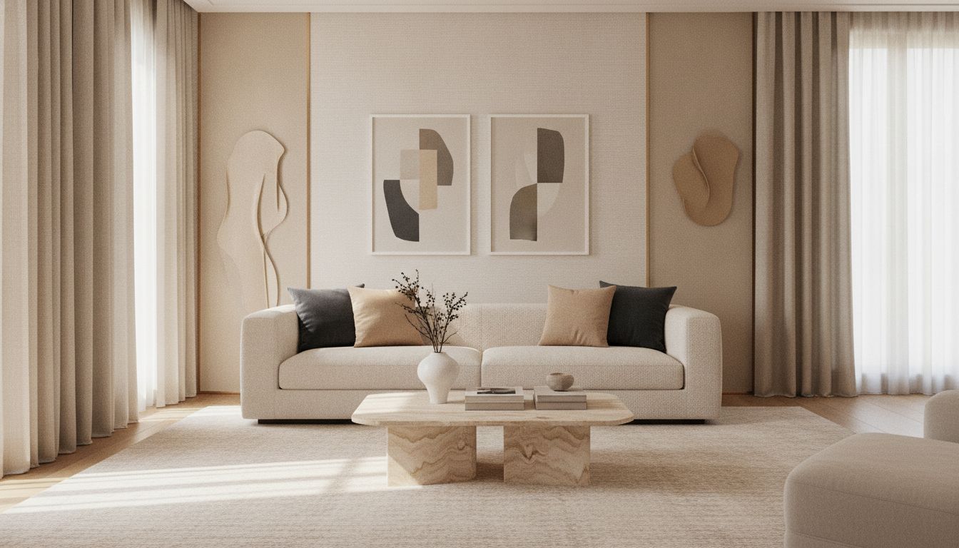 Editorial photograph of a refined luxury villa living room with warm neutral soft furnishings and natural daylight