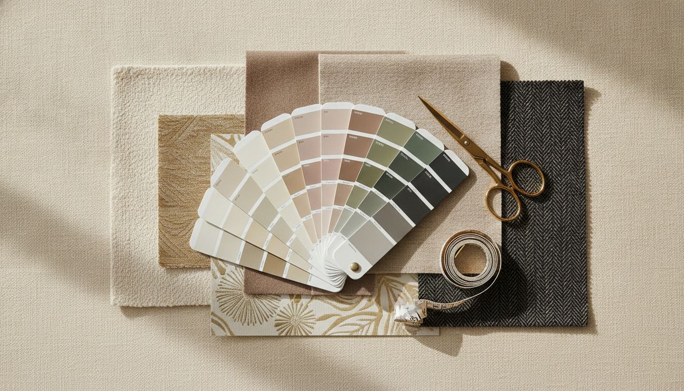 Japanese PCCS color system mood board with fabric and wallpaper samples for luxury interior design