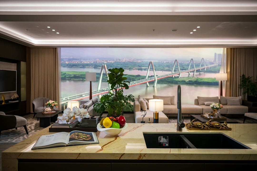 VESCOM imported wallpaper in river-view luxury flat open plan living dining background wall